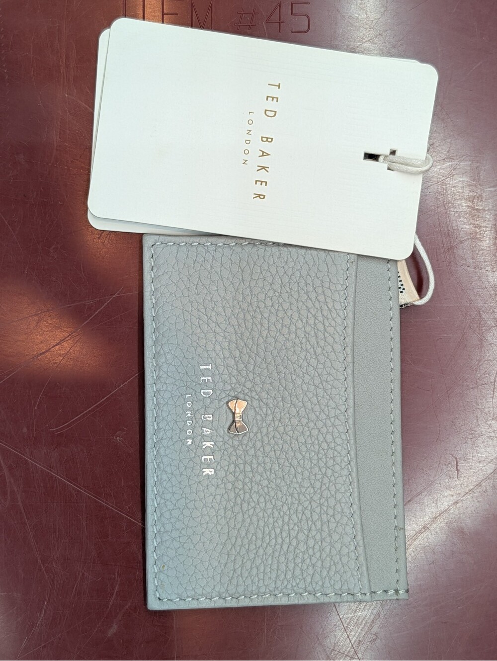Ted Baker NWT London Light Grey Pebbled Leather Bow Slim Card Holder Wallet